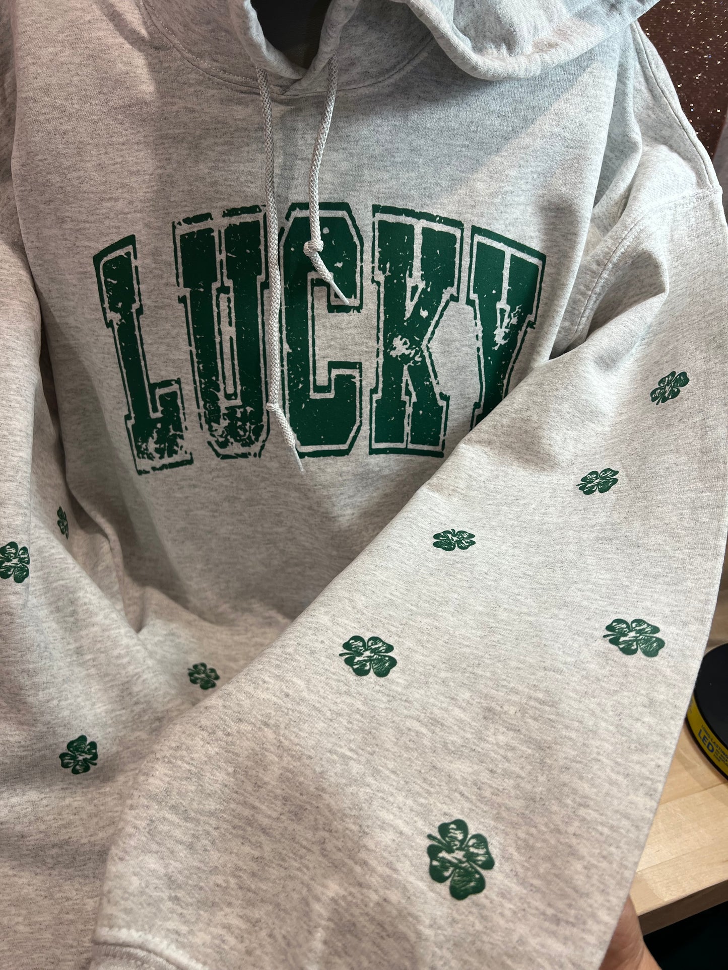 LUCKY OVERSIZED PRINT WITH SHAMROCKS DISTRESSED VARSITY SET UP