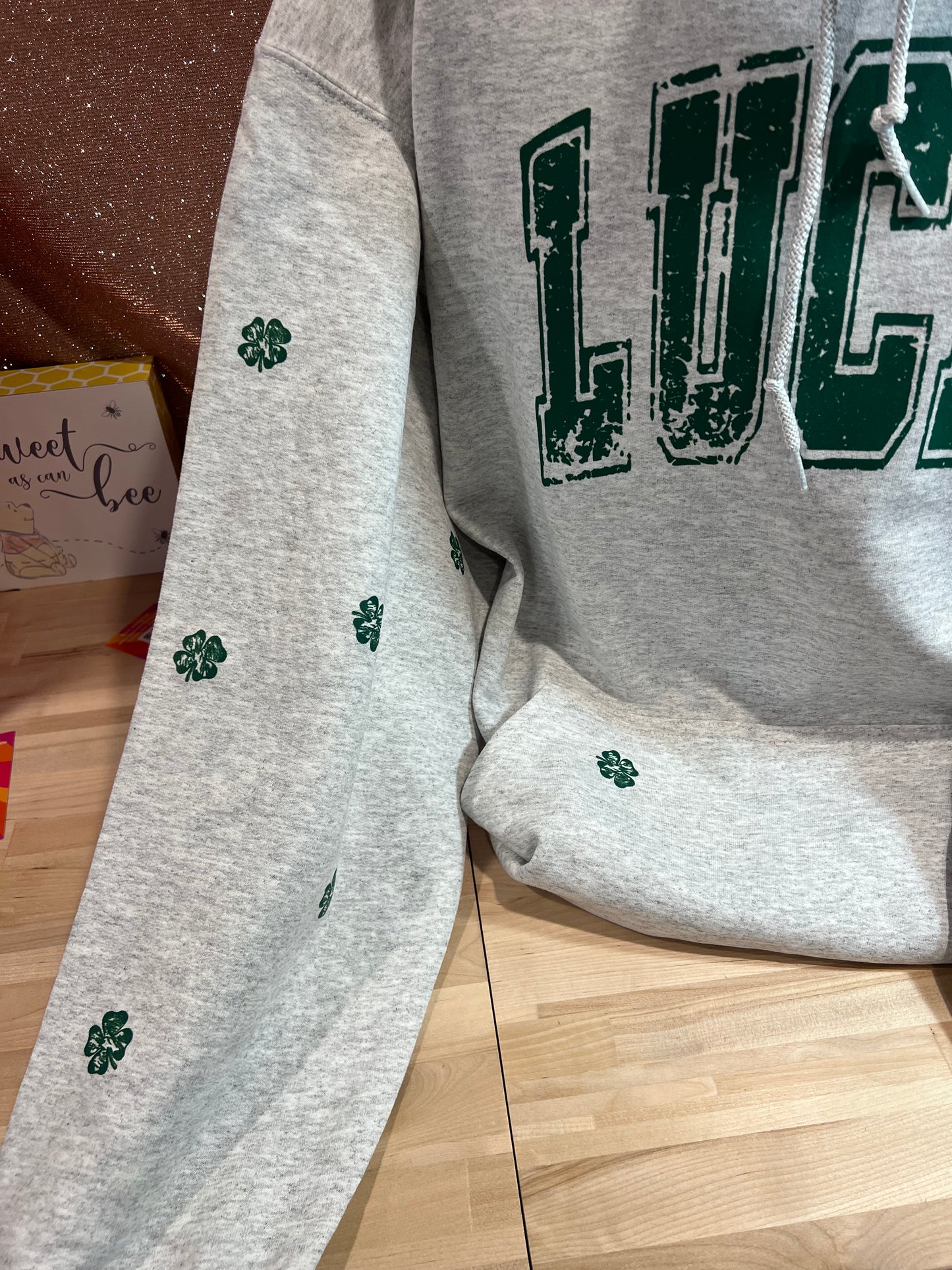 LUCKY OVERSIZED PRINT WITH SHAMROCKS DISTRESSED VARSITY SET UP