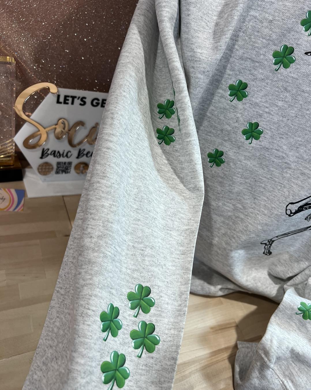 SKELETON WITH CLOVERS DANCING ALL OVER