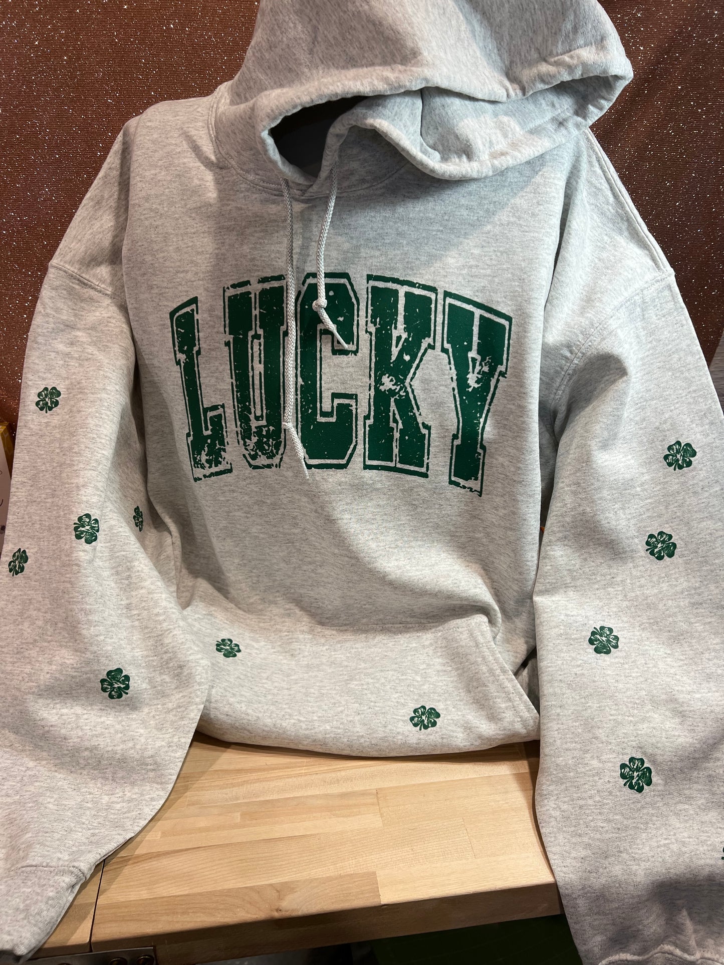 LUCKY OVERSIZED PRINT WITH SHAMROCKS DISTRESSED VARSITY SET UP