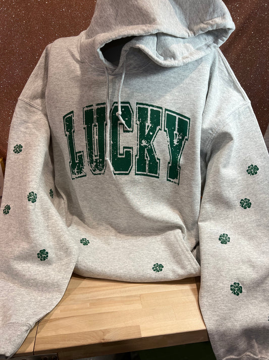 LUCKY OVERSIZED PRINT WITH SHAMROCKS DISTRESSED VARSITY SET UP