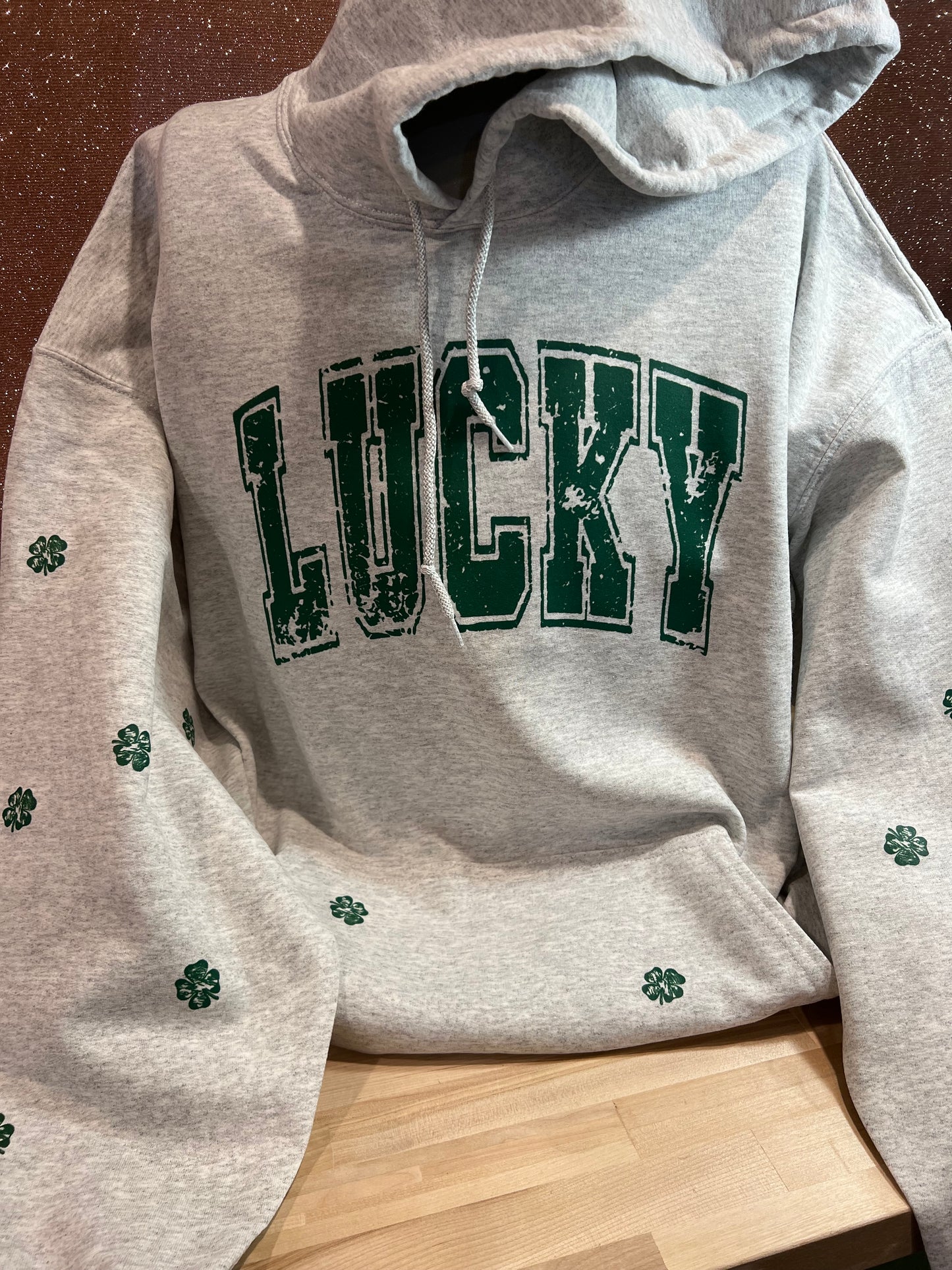 LUCKY OVERSIZED PRINT WITH SHAMROCKS DISTRESSED VARSITY SET UP