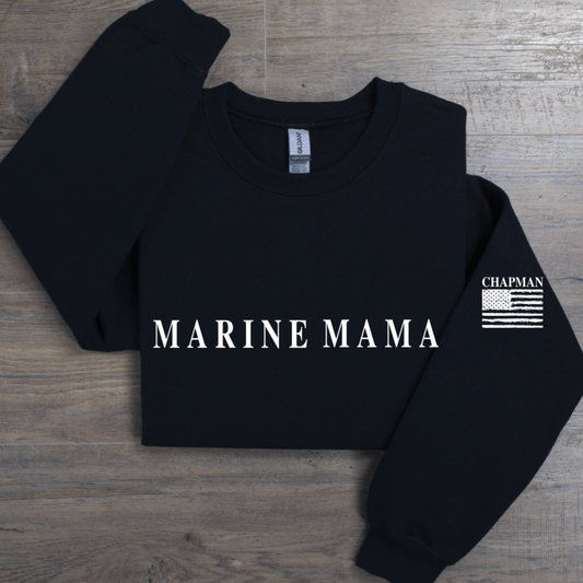 MARINE MAMA WITH FLAG SLEEVE AND LAST NAME