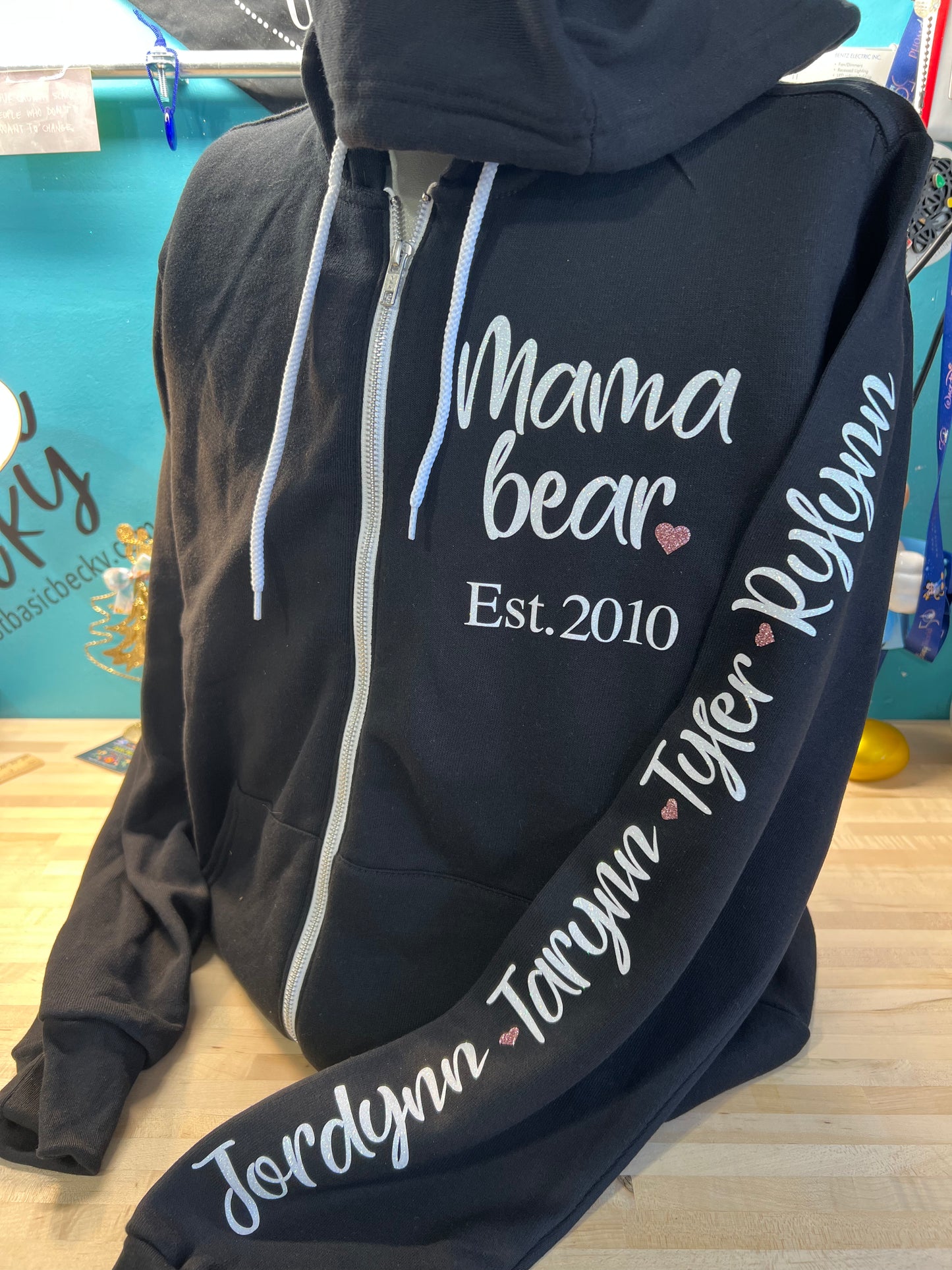 MAMA BEAR CUSTOM ZIP HOODIE WITH NAMES ON SLEEVE
