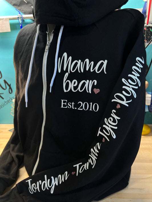 MAMA BEAR CUSTOM ZIP HOODIE WITH NAMES ON SLEEVE
