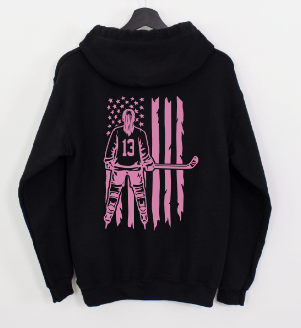 HOCKEY GIRL WITH FLAG ON BACK AND PERSONALIZED FRONT POCKET AREA