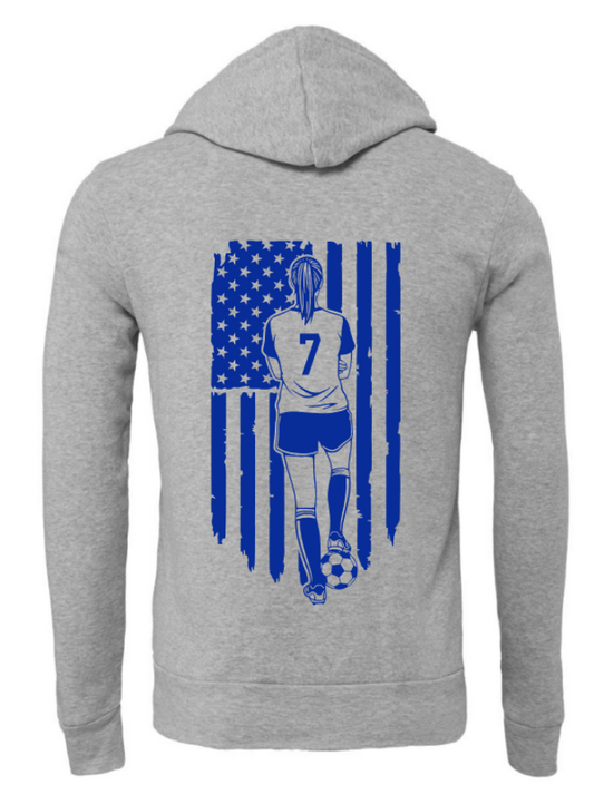 SOCCER GIRL WITH FLAG ON BACK AND PERSONALIZED FRONT POCKET AREA