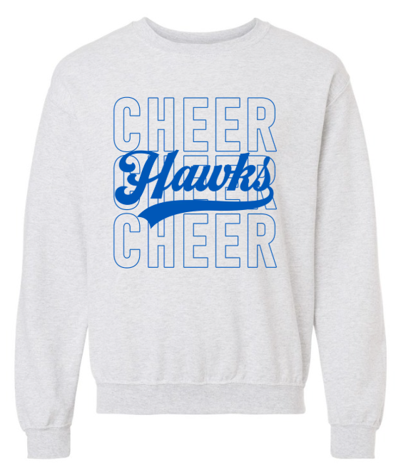 CHEER TRIPLE STACK WITH HAWKS ON A GREY CREWNECK