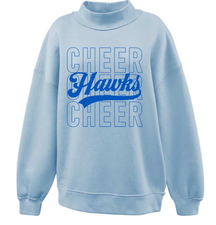 CHEER TRIPLE STACK WITH HAWKS ON A BABY BLUE MOCKNECK HEINEMAN MIDDLE SCHOOL