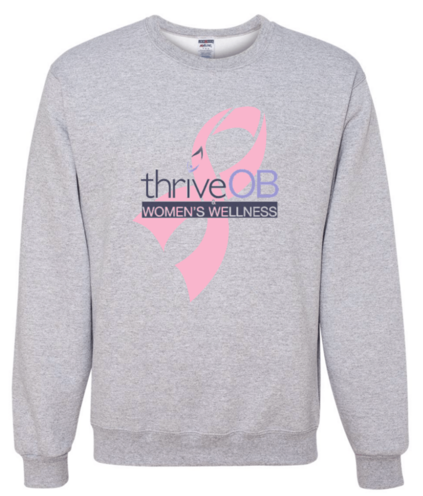 THRIVE OB CUSTOM PINK RIBBON SWEATSHIRTS on ASH (lighter of two greys)